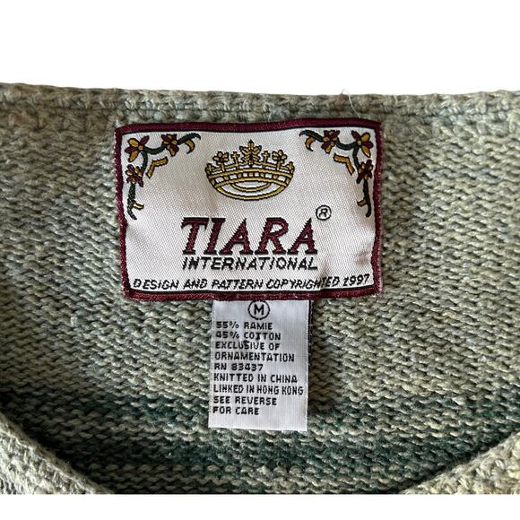 Tiara International Sz Medium Green Knitted Embroidered Floral Cardigan Sweater - Picture 6 of 6